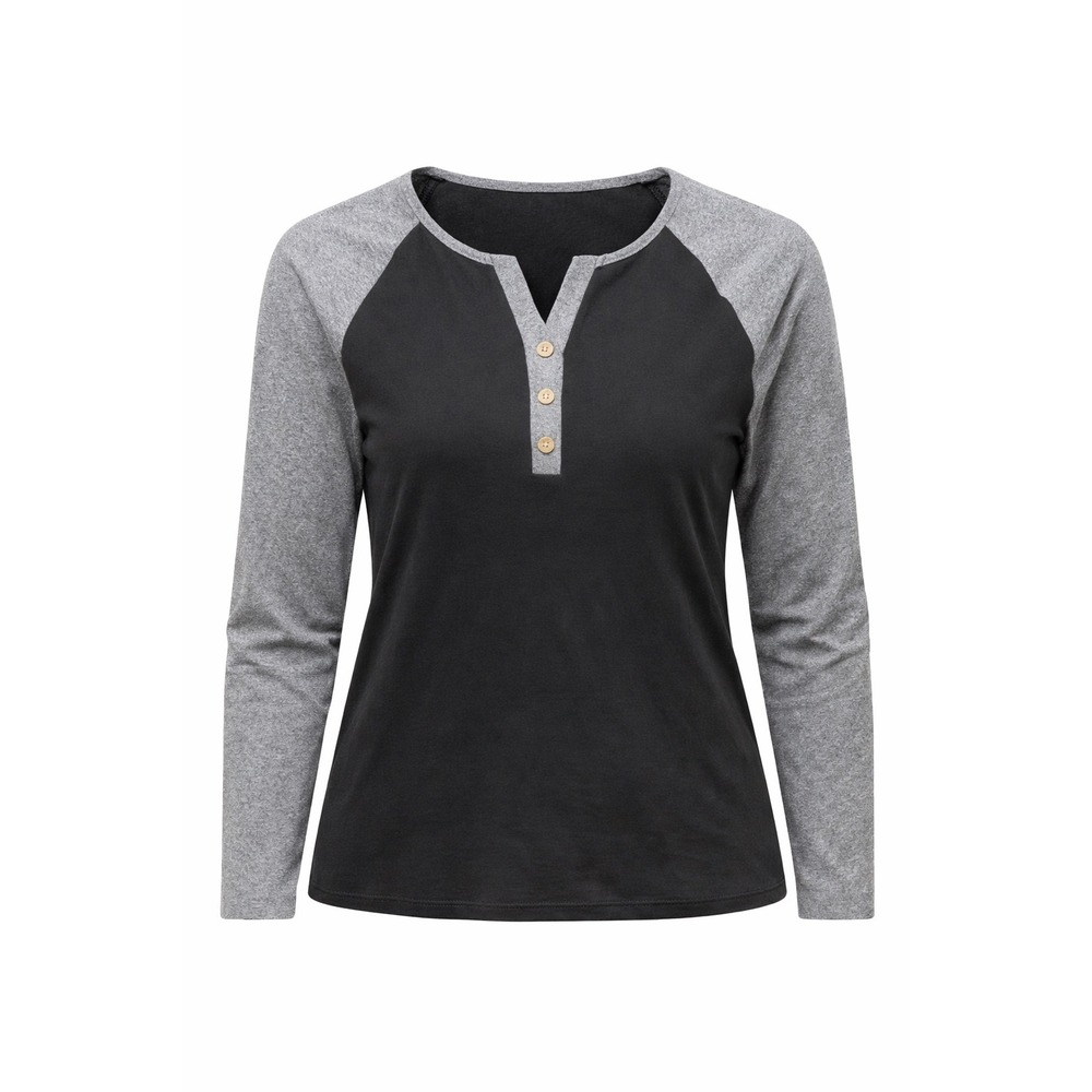 Raglan Henley Long Sleeve Top Black Heather Grey Colorblock 2XL
baseball sporty